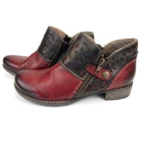 Remonte Women Red Black Leather Laser Cut Ankle Boots Euro 39